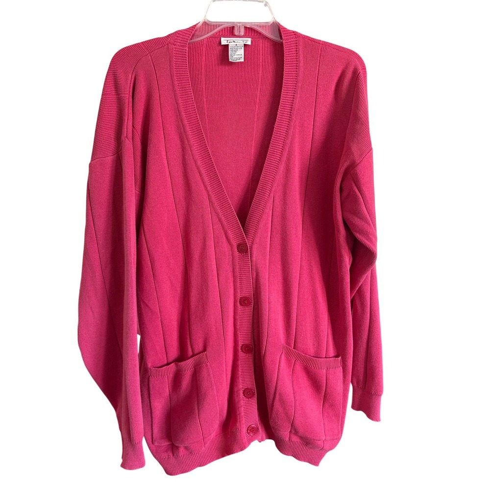 Vintage Talbots Pink Cotton Ribbed V-Neck Button Front Cardigan Sweater M